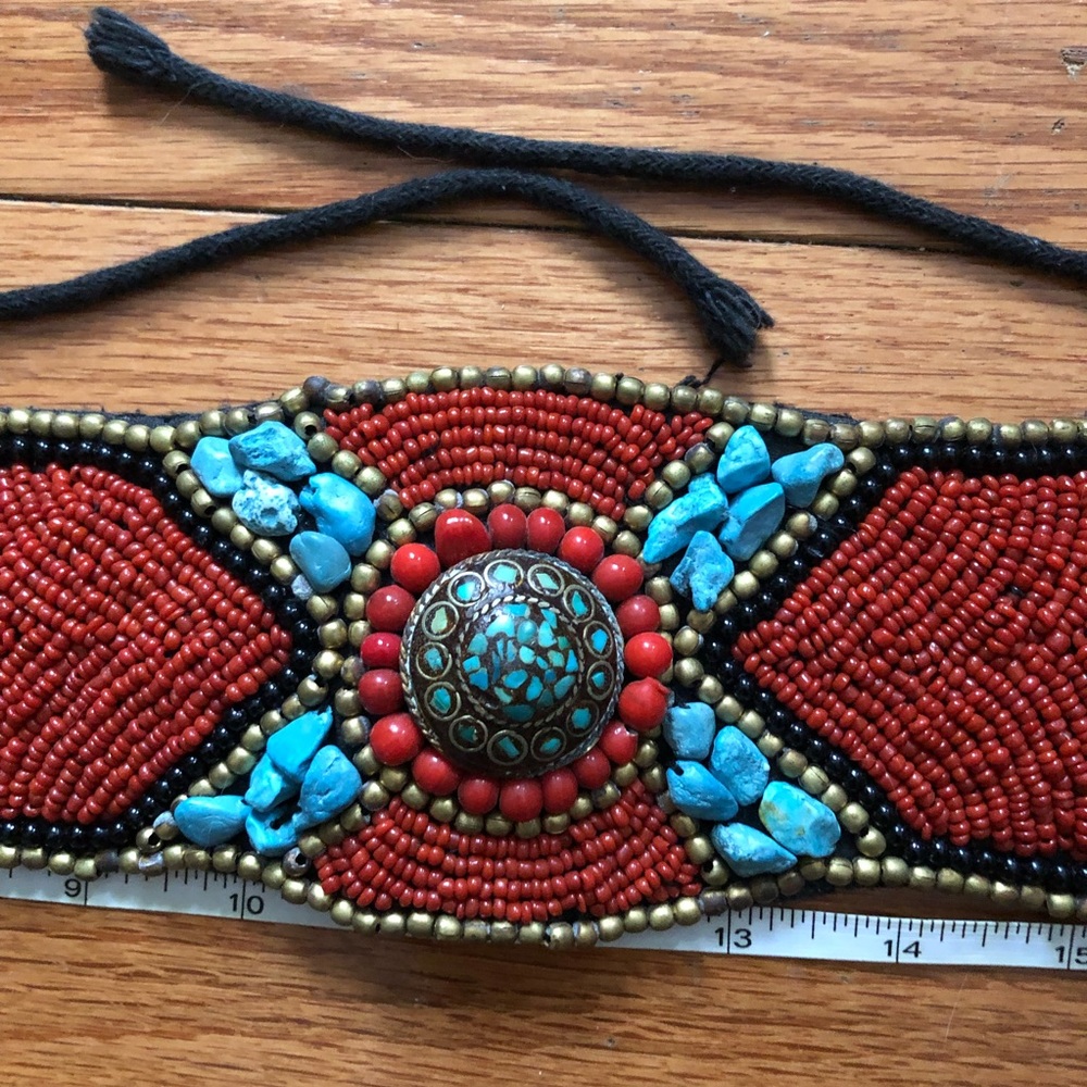 Vintage coral turquoise and wood beaded obi belt